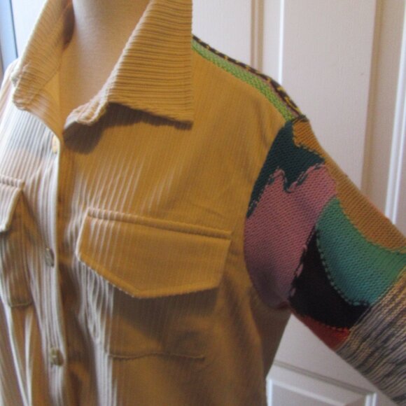 A. Peach Size Small Yellow Tan Corduroy and Multi Colored Sweater Shacket - Picture 4 of 14